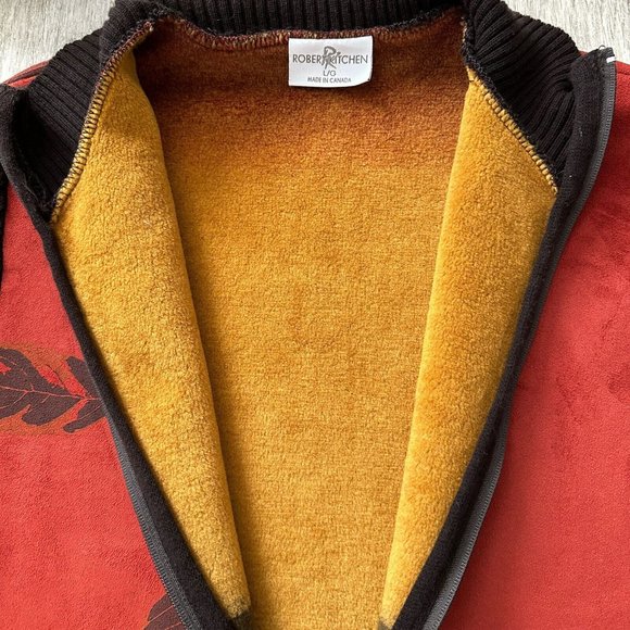 ROBERT KITCHEN CANADA Faux Suede Orange Brown Leaf Full Zip Cardigan Size Large - Picture 3 of 11
